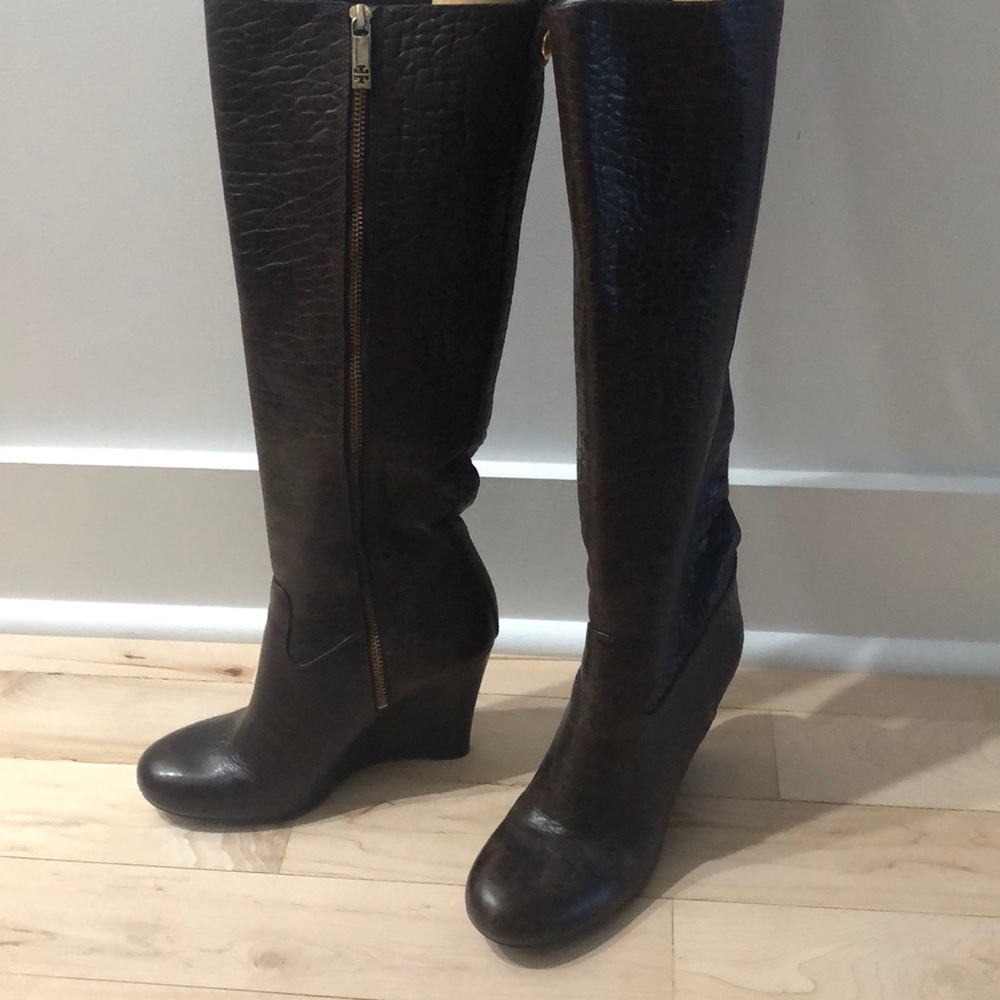 Tory Burch brown leather wedge boots
